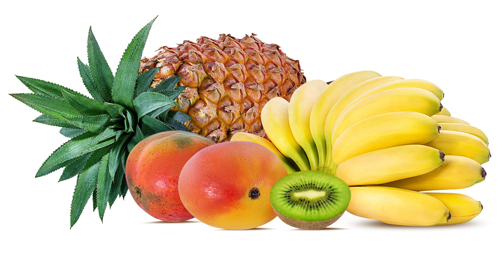 Pineapple, banana, kiwi and mango isolated on white background